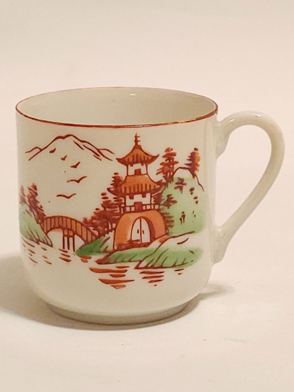 LOVELY Vintage Porcelain Demitasse Japan Cup Old Country Pagoda Bridge Scene